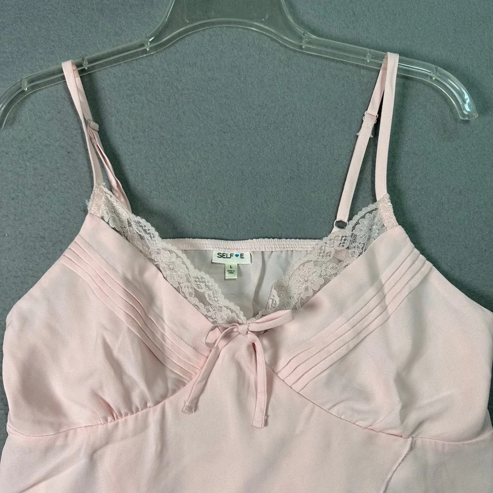 Selfie Y2K Ballerina Lace Trim Camisole Bow Pintuck Chiffon‎ Top Coquette Pink L